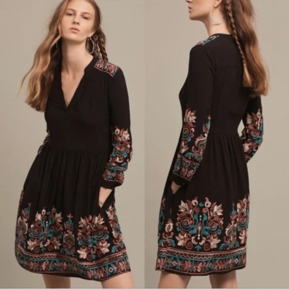 Anthropologie Floreat Black Embroidered Dress